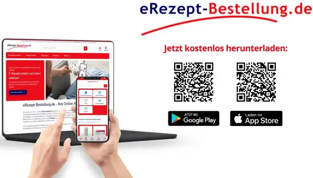 Laptop mit Webseite, Handy mit App, QR-Codes und App Store/Google Play Logos.