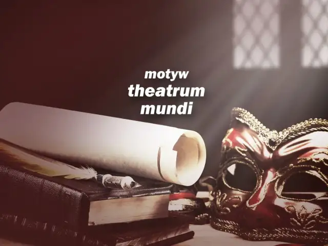 Makbet i motyw theatrum mundi: maska, pióro i zwoje papieru sugerują teatralność losu.