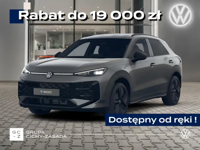 Szary Volkswagen T-Roc z rabatem do 19 000 zł. Dostępny od ręki! Idealny na rok 2026.