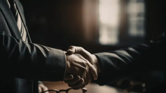 Dwaj mężczyźni w garniturach ściskają sobie dłonie, symbolizując zawarcie umowy inwestycyjnej.