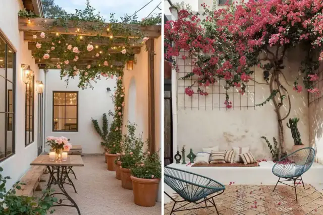 Dos patios interiores con encanto: uno con pérgola de rosas y luces, otro con buganvillas vibrantes y asientos acogedores.
