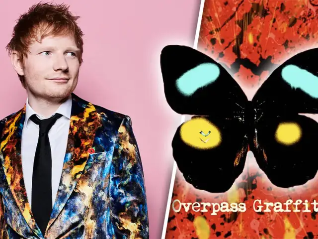 Ed Sheeran in einem bunten Anzug neben einem Schmetterling mit dem Titel "Overpass Graffiti".