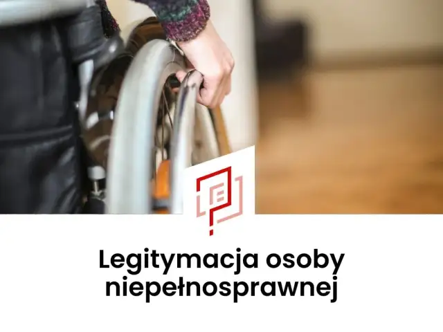 Dłoń chwyta koło wózka inwalidzkiego. Pod spodem napis: "Legitymacja osoby niepełnosprawnej".