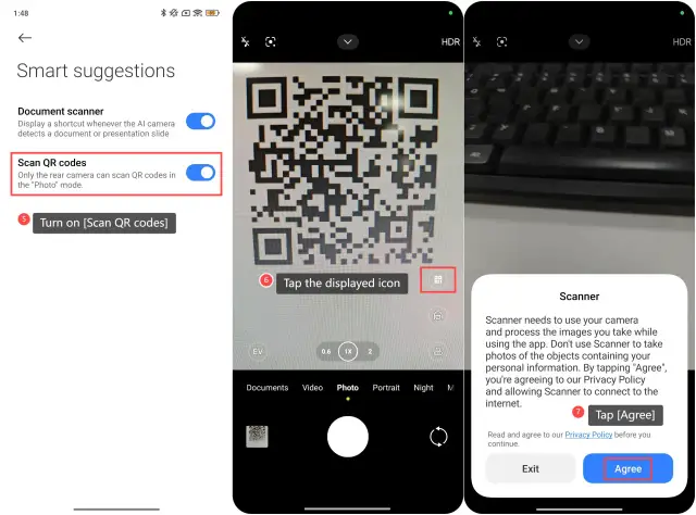 Ustawienia telefonu: włącz skanowanie kodów QR. Widok aparatu z kodem QR i klawiaturą.