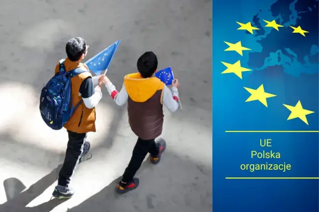 Dzieci z flagami UE idą na wybory. UE Polska organizacje.