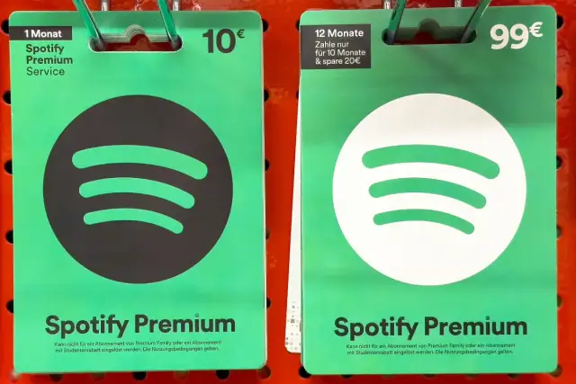 Karty podarunkowe Spotify Premium: 1 miesiąc za 10€, 12 miesięcy za 99€. Sprawdź, ile kosztuje Spotify Premium i wybierz najlepszą opcję.