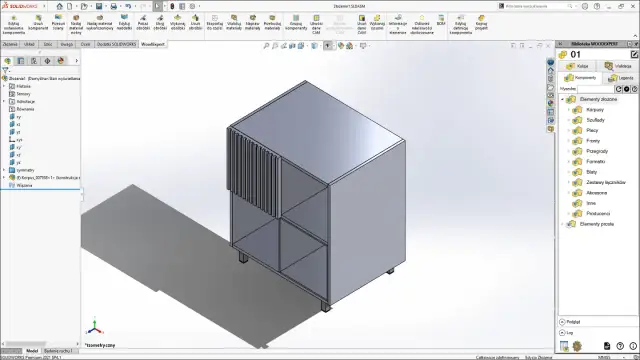 Program do projektowania mebli: wizualizacja szafki z półkami i ozdobnym frontem, stworzona w SolidWorks.