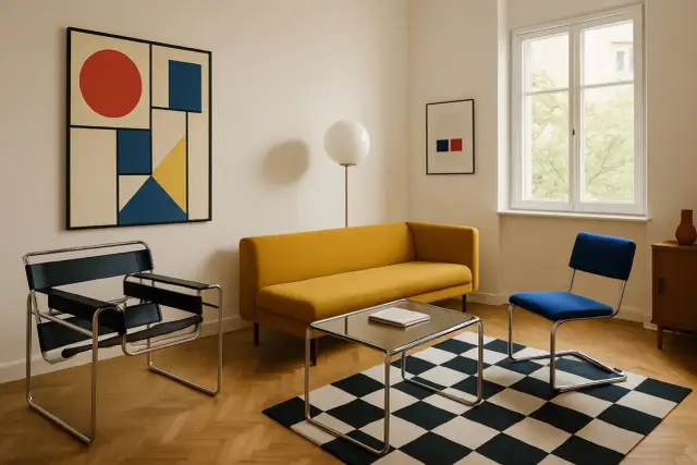 Minimalistyczny salon w stylu bauhaus: żółta kanapa, czarno-biała szachownica na dywanie, krzesła z chromowanej stali i abstrakcyjny obraz.