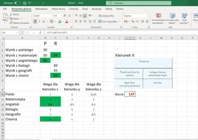 Arkusz kalkulacyjny Excel do obliczania punktacji do liceum. Wyniki z przedmiotów i wagi dla kierunków.