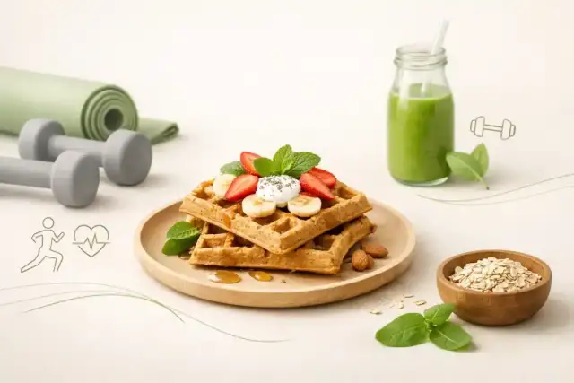 Zdrowe gofry fit z owocami, jogurtem i miodem, obok zielonego smoothie, hantli i maty do ćwiczeń. Idealne śniadanie dla aktywnych.