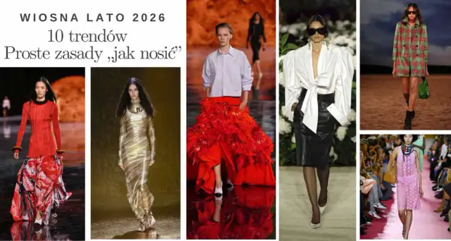 Kolekcja Wiosna Lato 2026 prezentuje 10 trendów. Zobacz, co jest modne w tym sezonie: od czerwonych, pióropuszowych sukni po złote kreacje i kratkę.