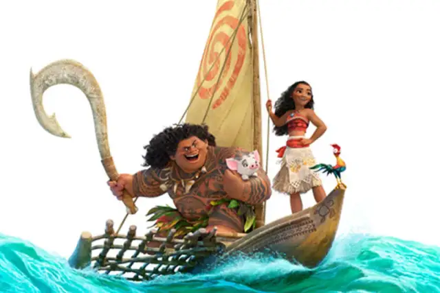 Maui, Vaiana und Schweinchen auf einem Boot im Meer.