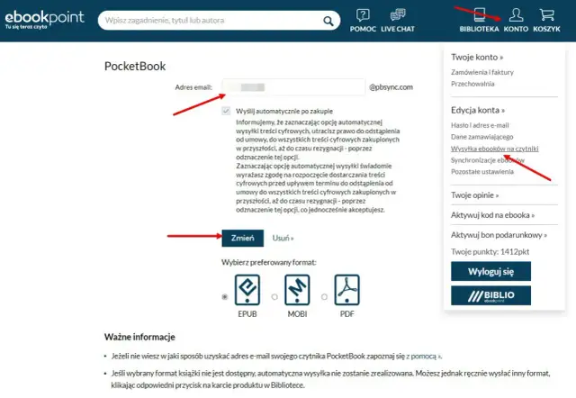 Ustawienia konta ebookpoint: jak ściągnąć książki na Kindle. Wybierz format EPUB, MOBI lub PDF.