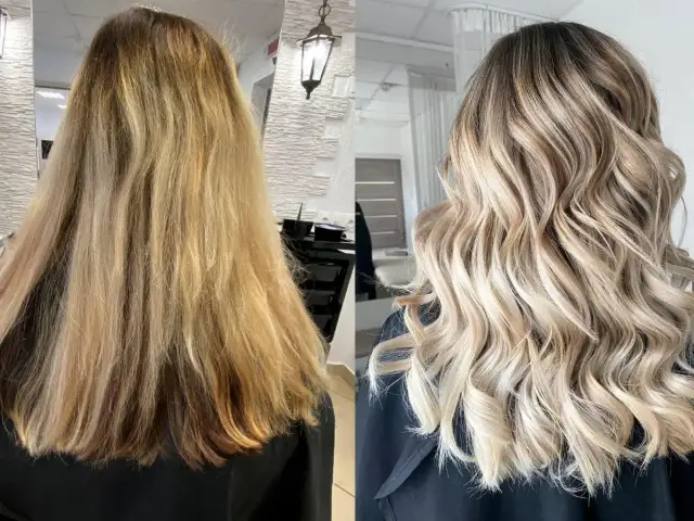 Przed i po: matowe, zniszczone włosy zamienione w lśniący, wielowymiarowy balejaż blond z subtelnymi refleksami.