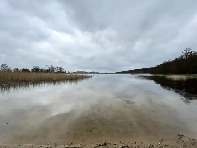 Spokojne jezioro Wójtowskie pod pochmurnym niebem. Woda odbija chmury i zarośla trzcin.