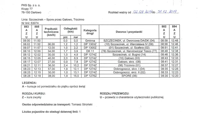 PKS Szczecinek rozkład jazdy linii 63074 Szczecinek – Spore przez Gałowo, Trzcinno. Tabela zawiera godziny odjazdów, odległości i nazwy przystanków.