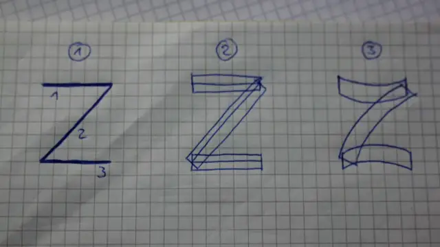 Drei Stufen der Z-Buchstaben-Zeichnung auf kariertem Papier.