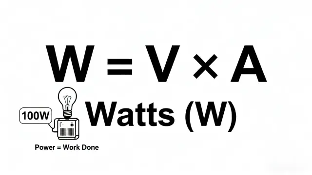 Wzór W=V×A, żarówka 100W i napis Watts (W).