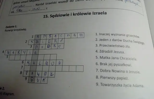 Rozwiązana krzyżówka biblijna, gdzie zasady układania diagramu krzyżówki, dbanie o symetrię i czarne pola są kluczowe.