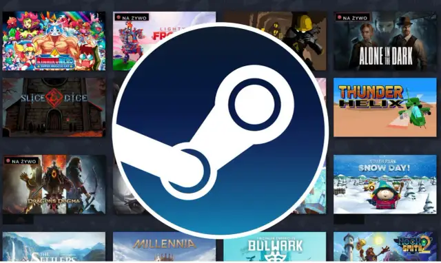 Logo Steam na tle okładek gier komputerowych.