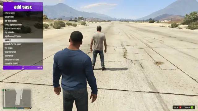 Menu "add task" w grze GTA V z opcją "Fight Ped" i dwoma postaciami na tle pustynnego krajobrazu.