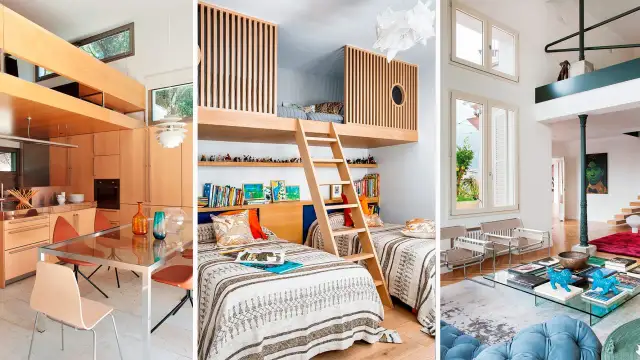 Cocina moderna, habitación infantil con literas y salón elegante en una casa en forma de L pequeña.