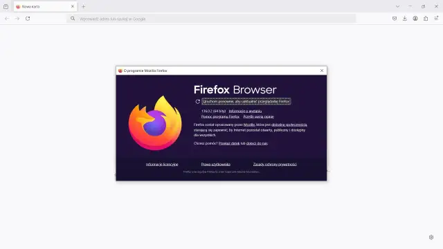 Okno "O programie Mozilla Firefox" z opcją "Uruchom ponownie, aby uaktualnić przeglądarkę Firefox" dla przyspieszania Firefox.