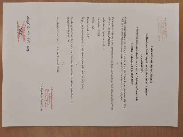 Zarządzenie nr 31/2021/2022 określa, ile kosztuje wyżywienie w przedszkolu publicznym: 9,00 zł dziennie.
