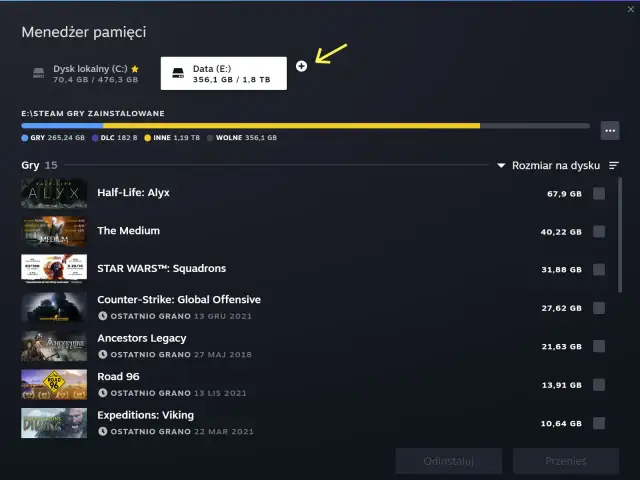 Menedżer pamięci Steam z listą gier i informacjami o dyskach.