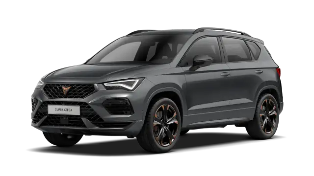 Szary Cupra Ateca, sportowy SUV z charakterystycznym logo i felgami z miedzianymi akcentami, gotowy na każdą drogę.