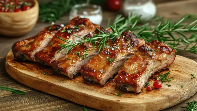 Costillas de cerdo al horno, jugosas y doradas, servidas en tabla de madera con romero y sal gruesa.