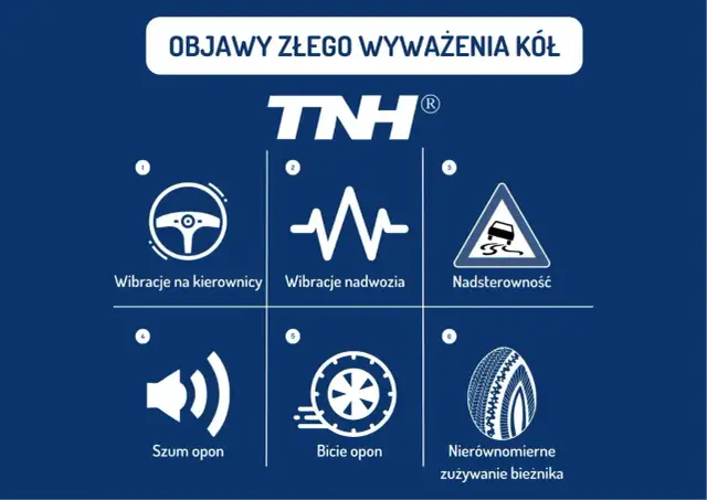 Objawy złego wyważenia kół: wibracje kierownicy, nadwozia, nadsterowność, szum i bicie opon, nierównomierne zużycie bieżnika.