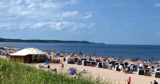 Plaża nad Bałtykiem z leżakami, parasolami i ludźmi kąpiącymi się w morzu.
