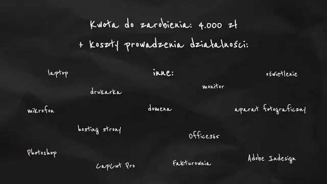 Lista narzędzi i kosztów, by dowiedzieć się, jak zostać freelancerem: laptop, drukarka, mikrofon, hosting, Photoshop, CapCut, inne: monitor, domena, Office365, aparat, Adobe.