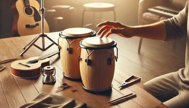 Dłoń dotyka bongosów, obok gitara i pałeczki. Muzyczna sesja w toku.