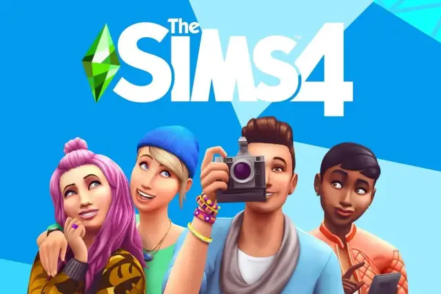Grafika z logo The Sims 4 i czterema Simami, jeden z nich robi zdjęcie aparatem.