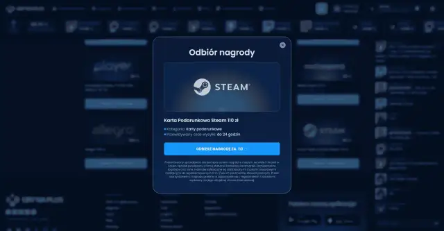 Okno dialogowe z logo Steam i informacją o karcie podarunkowej o wartości 110 zł.