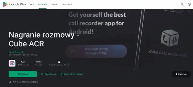 Aplikacja do nagrywania rozmów Cube ACR na Androida. Pobierz ją z Google Play i zacznij nagrywać swoje rozmowy.