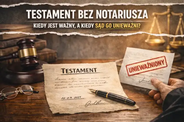 Jak się pisze testament, by był ważny? Na stole leży dokument z napisem "TESTAMENT", obok pióro, okulary i młotek sędziowski.