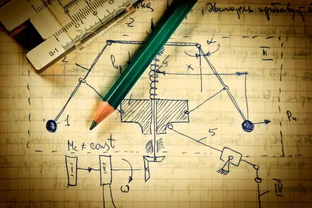 Szkic mechanizmu z ołówkiem i linijką. Może to być projekt urządzenia, na które firma ma wyłączne prawo do produkcji.