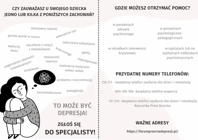 Ilustracja przedstawia smutną postać z kłębiącymi się myślami w chmurce, otoczoną listą objawów depresji.
