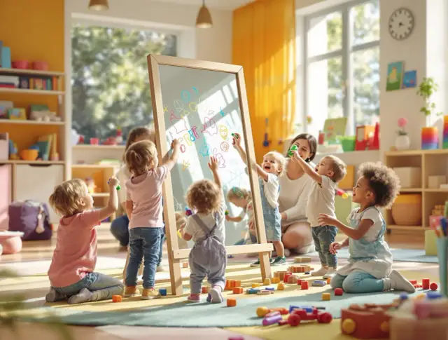 Dzieci malują na tablicy, a jedno niemowlę z zaciekawieniem patrzy w lustro, odkrywając siebie.
