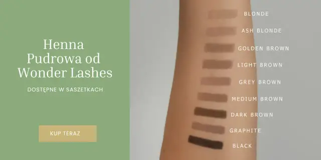 Próbki henny pudrowej Wonder Lashes na skórze ramienia. Dostępne odcienie: Blonde, Ash Blonde, Golden Brown, Light Brown, Grey Brown, Medium Brown, Dark Brown, Graphite, Black.