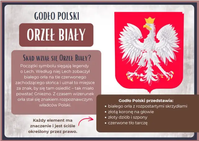 Legenda o orle białym opowiada o Lechu, który zobaczył białego orła na tle zachodzącego słońca. Godło Polski przedstawia białego orła ze złotą koroną.