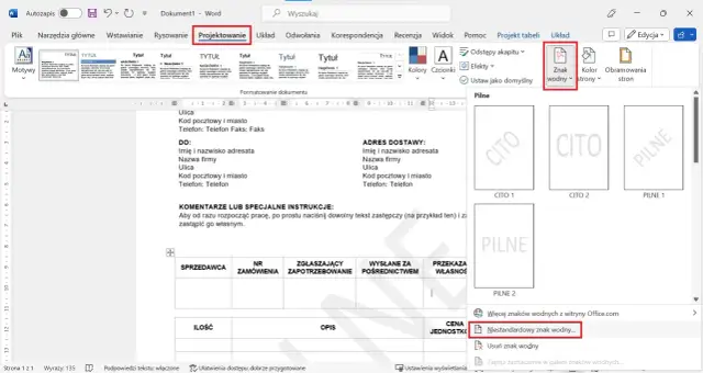 Ikona znaku wodnego w programie Word z podglądem znaków wodnych.