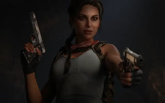 Lara Croft, w nowym tomb raider, gotowa do akcji z dwoma pistoletami.