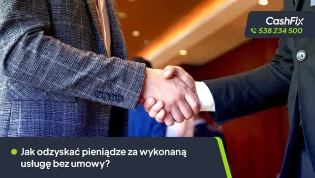 Dwóch mężczyzn w garniturach ściska sobie dłonie. Pytanie brzmi: "Jak odzyskać pieniądze za wykonaną usługę bez umowy?". Możliwe odszkodowanie za brak umowy o pracę.