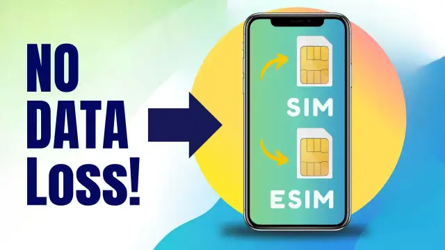 NO DATA LOSS!" indique la transition d'une carte SIM à une eSIM sur un smartphone.
