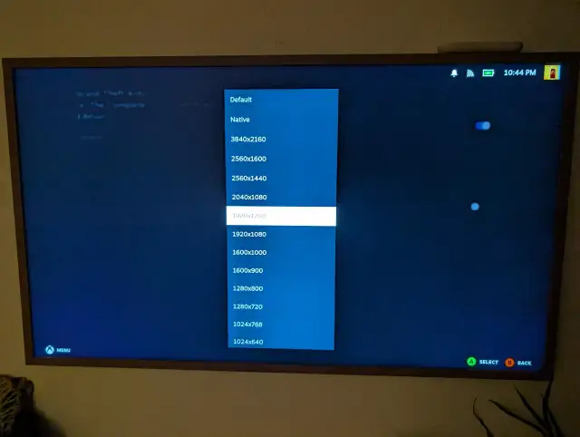 Ekran telewizora z menu wyboru rozdzielczości gry, podświetlona opcja 1920x1200.