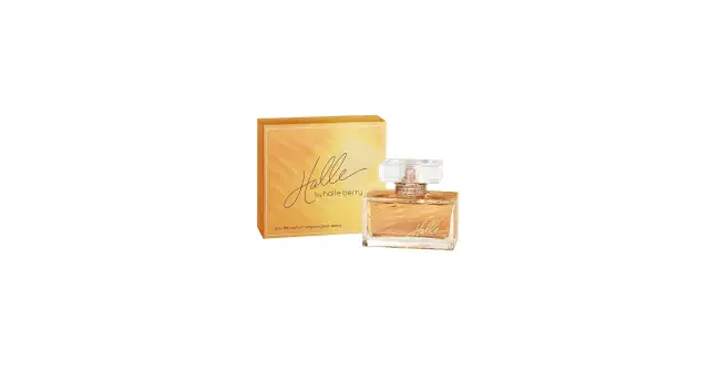 Perfumy Halle Berry: flakon i pudełko z pomarańczowym gradientem.
